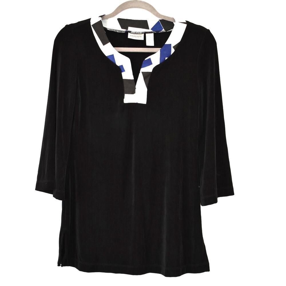 Chico's Travelers Size 0 Women's Top Black Geometric Collar V-Neck Stretch